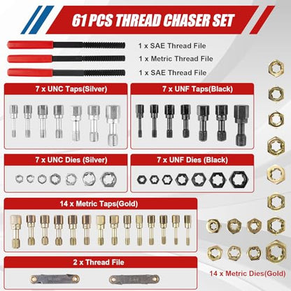 61Pcs Thread Repair Kit, UNC, UNF & Metric Thread Chaser Set, Rethread Repair Tool with Taps Dies Thread Files and Thread Pitch Gauge for Repair or Reshape Damaged Threads Bolts, Nuts and Screws