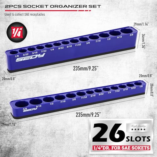 2-Piece 1/4"-Drive SAE Magnetic Socket Organizer Set (Holds 26 Sockets) - Detachable Tool Tray with 5mm Magnetic Base, Screw-Fixed Design & Heavy-Duty Modular Storage for Garage/Home Workshop - style: 2-Pc 1/4" Drive - SAE (Holds 26)