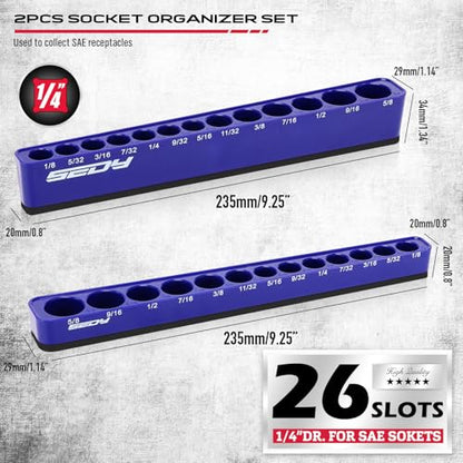 2-Piece 1/4"-Drive SAE Magnetic Socket Organizer Set (Holds 26 Sockets) - Detachable Tool Tray with 5mm Magnetic Base, Screw-Fixed Design & Heavy-Duty Modular Storage for Garage/Home Workshop - style: 2-Pc 1/4" Drive - SAE (Holds 26)