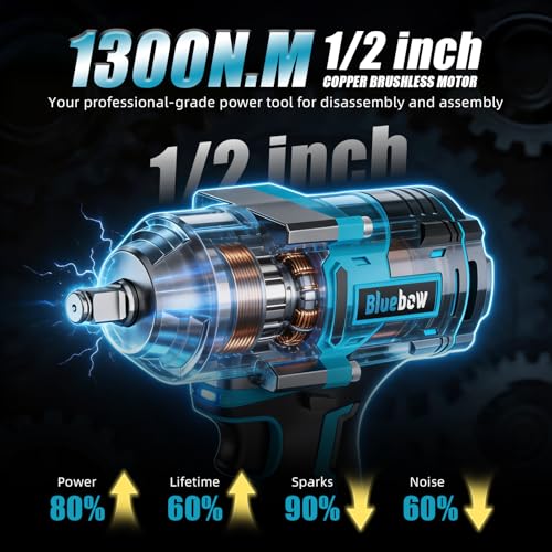 Bluebow Cordless Impact Wrench, 960 ft-lbs (1300 N·m) Brushless Impact Wrench with 2x4.0Ah Battery, 1/2" 3-Speed Modes Impact Gun with 4 Sockets for Pickup, Truck, Home Car