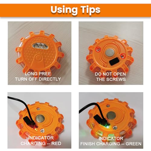 Ecoangel USB-C Rechargeable LED Road Flares Emergency Lights 3 in 1 Cable Roadside Warning Car Safety Beacon Flashing Disc Kit with Magnetic Base for Vehicles - color: USB-C 3PACK
