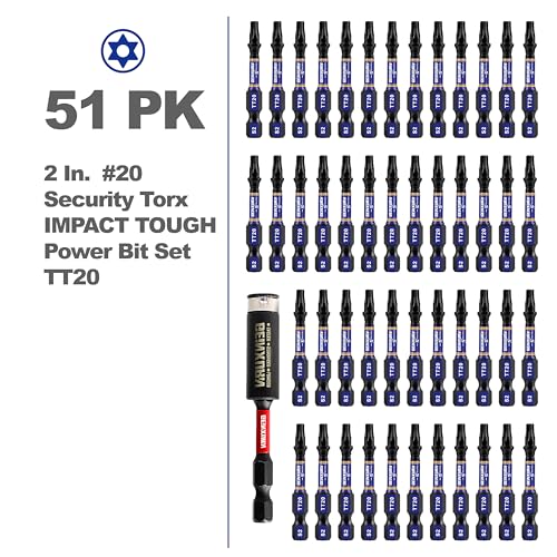 Geinxurn 2 In. Security T20 Impact Magnetic Screwdriver Bit Set, 51 Pieces #20 Torx Head Power Bit Set, S2 Alloy Steel Hollow Star Bit Set with 1 Pcs Impact Bit Holder - size: 2"-51PCS, style: TT20