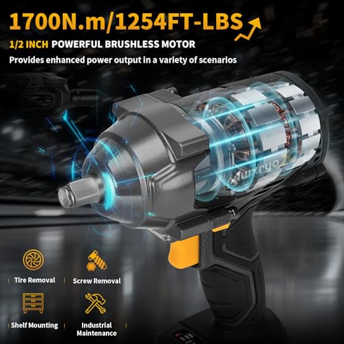 AwxryoX 1700Nm Impact Wrench, 20V 1254Ft-lbs Brushless Impact Gun with 2x4.0Ah Battery, 1/2" High Torque Pistola De Impacto with 6 Socket, Electric Impact Llave Driver for Truck/Mower/Car/Industrial