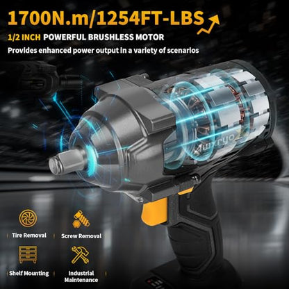 AwxryoX 1700Nm Impact Wrench, 20V 1254Ft-lbs Brushless Impact Gun with 2x4.0Ah Battery, 1/2" High Torque Pistola De Impacto with 6 Socket, Electric Impact Llave Driver for Truck/Mower/Car/Industrial