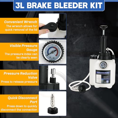3L Manual Brake Bleeder Kit with 1L Brake Fluid Bleed Bottle | One-Person Brake Pressure Bleeder Kit with 4 Master Cylinder Adapters, Suitable for Select Vehicle Brake Systems