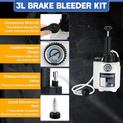 3L Manual Brake Bleeder Kit with 1L Brake Fluid Bleed Bottle | One-Person Brake Pressure Bleeder Kit with 4 Master Cylinder Adapters, Suitable for Select Vehicle Brake Systems