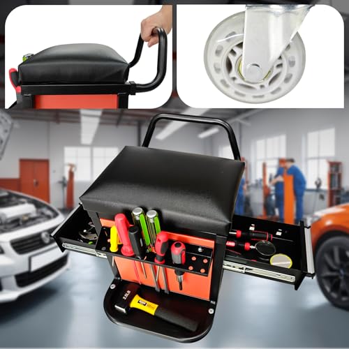 A A IN Rolling Tool Chest Creeper Seat with 4 Pieces 2-1/2" Swivel Casters,Padded Creeper Seat with Extra Storage,Tool Box Chair, 300 pounds Capacity Mechanics Chair with Drawers - style: Creeper Seat