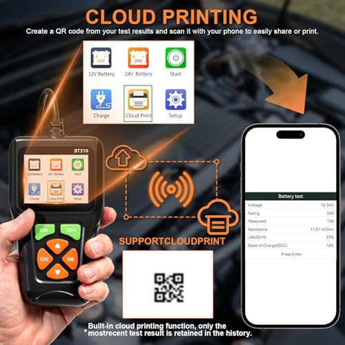 12V/24V Car Battery Load Tester Automotive – 100-2000 CCA Alternator & Charging Analyzer, QR Code Cloud Report No App Needed, for Car Truck SUV Motorcycle Snowmobile Boat