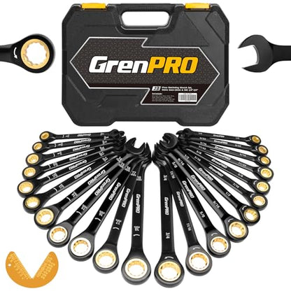GRENPRO Ratcheting Wrenches Set, Combination Wrench Sets With Organizer Box, 23PC SAE & Metric And Standard, 1/4" to 3/4" & 6-18mm, Open End Wrench Set, Electrophoretic Coating Sock Mechanic Tools - style: Ratcheting Wrench Set (Metric&SAE)