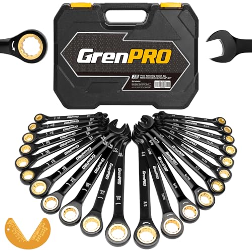 GRENPRO Ratcheting Wrenches Set, Combination Wrench Sets With Organizer Box, 23PC SAE & Metric And Standard, 1/4" to 3/4" & 6-18mm, Open End Wrench Set, Electrophoretic Coating Sock Mechanic Tools - style: Ratcheting Wrench Set (Metric&SAE)