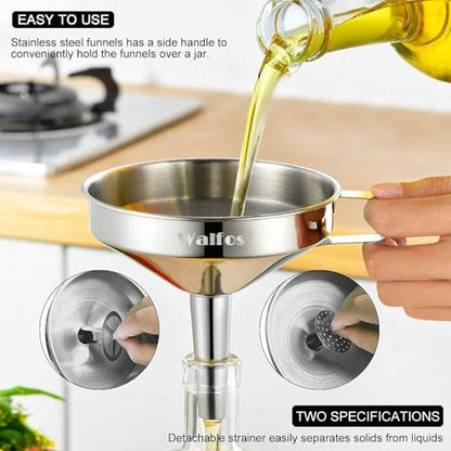 Walfos Extra Large Stainless Steel Funnel with Venting Slot, Kitchen Funnel with 2 Removable Strainer ＆ 1Pc Cleaning Brush, Perfect for Transferring Liquid, Oils, Jam, Dry Ingredients (Jumbo, 7.9") - color: 7.9in Jumbo Funnel