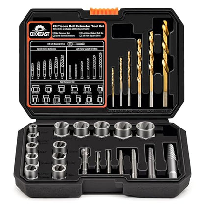 Coobeast 26Pcs Bolt Extractor Kit and Left Handed Drill Bit, Easy Out Screw Extractor with Reverse Drill Bit Extractor Set for Damaged Stripped Broken Lug Nut Bolt and Nut Remove with Hex Adapter - size: 26 PCS