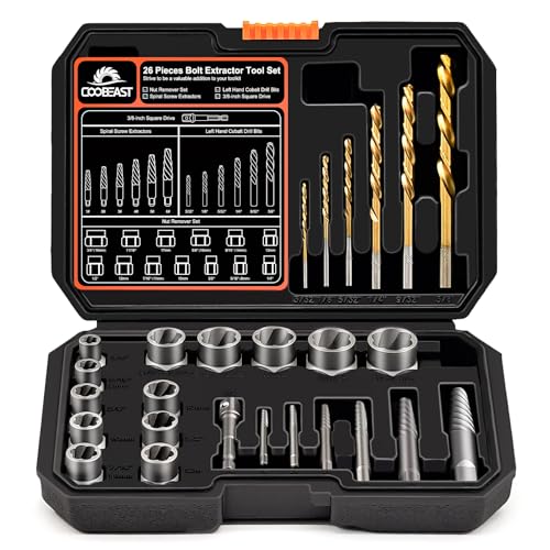 Coobeast 26Pcs Bolt Extractor Kit and Left Handed Drill Bit, Easy Out Screw Extractor with Reverse Drill Bit Extractor Set for Damaged Stripped Broken Lug Nut Bolt and Nut Remove with Hex Adapter - size: 26 PCS