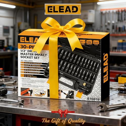ELEAD 1/2" Drive Deep Impact Socket Set: 30-Piece Standard SAE (3/8 to 1 Inch) and Metric (10-24mm) Size, 3" and 5" Drive Extension Bar, Ratchet Handle, Bit Adapter, CR-V Steel for Auto Repair - style: 30pcs 1/2'' Drive Impact Socket Set