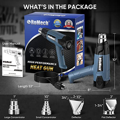 ROMECH 1500W Heavy Duty Heat Gun, Variable Temperature Control Hot Air Gun Kit with 2 Air Flow 120°F~1200°F and 4 Nozzles for Crafts Shrink Wrap (Blue) - color: Blue