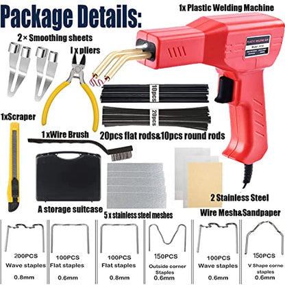 Upgraded 220W Plastic Welder Bumper Repair Kit,2-in-1 Plastic Welding Kit 800PCS Hot Staples & 30pcs Plastic Welding Rods,Hot Stapler Plastic Repair Kit for Car Bumper Kayak Crack Repairs(red) - color: Red, size: 220w