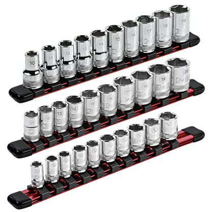 ARES 60079 Red Socket Rail | Part No. 60079; Includes 1/4-Inch, 3/8-Inch, and 1/2-Inch Drive Rails - color: Red, size: 9.84" Aluminum Socket Rail Set