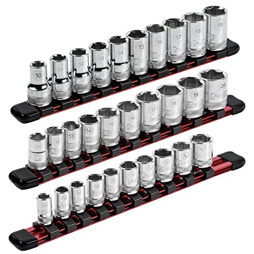 ARES 60079 Red Socket Rail | Part No. 60079; Includes 1/4-Inch, 3/8-Inch, and 1/2-Inch Drive Rails - color: Red, size: 9.84" Aluminum Socket Rail Set