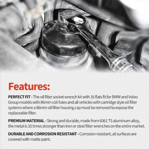 86.4mm 16 Flutes Oil Filter Wrench Compatible with BMW and Volvo with 86mm Filter Housing Caps, Removal Tool to Change Oil, Steel Socket Wrench Kit - style: 86.4mm 16 Flutes