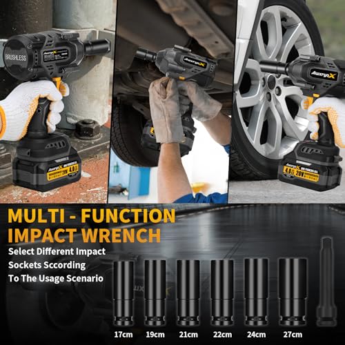 AwxryoX 1700Nm Impact Wrench, 20V 1254Ft-lbs Brushless Impact Gun with 2x4.0Ah Battery, 1/2" High Torque Pistola De Impacto with 6 Socket, Electric Impact Llave Driver for Truck/Mower/Car/Industrial