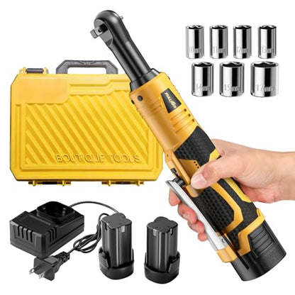 FULLYEA Cordless Electric Ratchet Wrench Set, 3/8" 18V Power Ratchet, 550 RPM, Cordless Ratchet Tool Kit with Variable Speed, LED Light, 2 * 2.0Ah Batteries and Fast Charger, Yellow