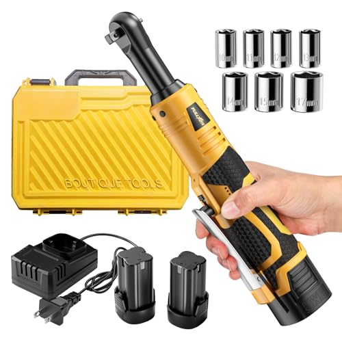FULLYEA Cordless Electric Ratchet Wrench Set, 3/8" 18V Power Ratchet, 550 RPM, Cordless Ratchet Tool Kit with Variable Speed, LED Light, 2 * 2.0Ah Batteries and Fast Charger, Yellow