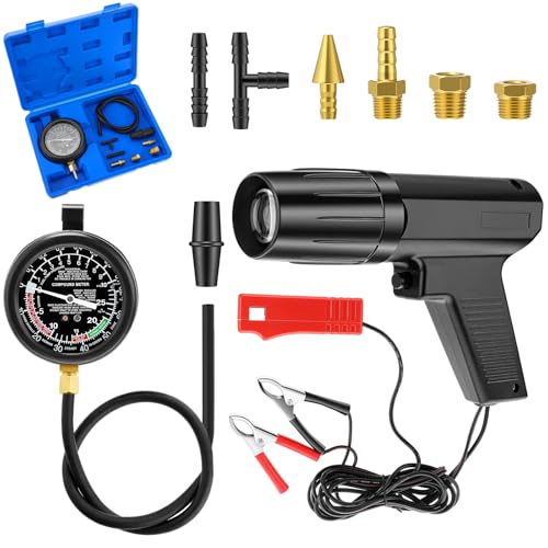 Sabary 12V Engine Timing Light with Spark Plug Tester Inductive Ignition Timing Light Gun and Vacuum and Fuel Pump Tester Gauge Leak Pressure Diagnostics Gauge for Car, Motorcycle, Marine