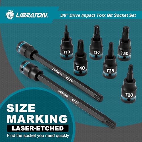LIBRATON 24PCS 3/8 Drive Impact Torx Bit Socket Set, Extra Long Torx | Extra long 2in&6in Torx Bit Set, T10-T60 Coverage, S2 Alloy Steel Star Bit Sockets, Impact for Auto Repair, Blow Molded Box
