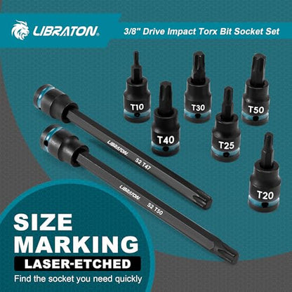 LIBRATON 24PCS 3/8 Drive Impact Torx Bit Socket Set, Extra Long Torx | Extra long 2in&6in Torx Bit Set, T10-T60 Coverage, S2 Alloy Steel Star Bit Sockets, Impact for Auto Repair, Blow Molded Box