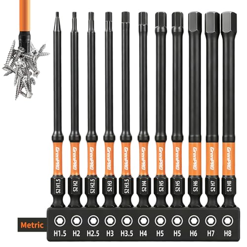 GRENPRO 11PCS Impact Hex Head Allen Wrench Drill Bit Set(Metric), 1/4" Hex Shank S2 Steel Magnetic Hex Bits, CNC Machined Tips, 4 Inch Length with Storage Box - size: 4" 11pcs(Metric)
