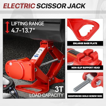Scissor Jacks for 3 Ton (6600lb) Tire Jack Repair Kit with Electric Car Jack & Wrench, Emergency Tire Changing Kit for Car SUV MPV, Lifting Range 13.7" - Min 4.7", Red