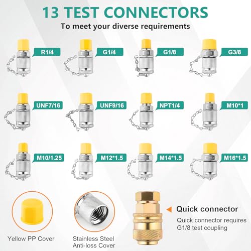 Hydraulic Pressure Test Kit, 5 Gauges 10–600 Bar/150–10 000 PSI, 13 Test Couplings 14 Tee Connectors 5 Hoses, Hydraulic Test Gauge Kit in Case for Excavator Construction Machinery Pressure Tester