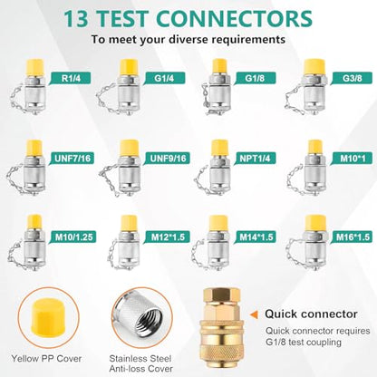 Hydraulic Pressure Test Kit, 5 Gauges 10–600 Bar/150–10 000 PSI, 13 Test Couplings 14 Tee Connectors 5 Hoses, Hydraulic Test Gauge Kit in Case for Excavator Construction Machinery Pressure Tester