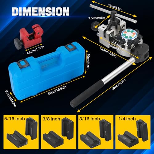 DASBET Brake Line Flaring Tool Kit for 45 Degree Single | Double and Bubble Flares, Brake Flare Tool for 3/16", 1/4", 5/16", 3/8" Copper Metal Tubing, Brake Line Tubing Flaring Tool