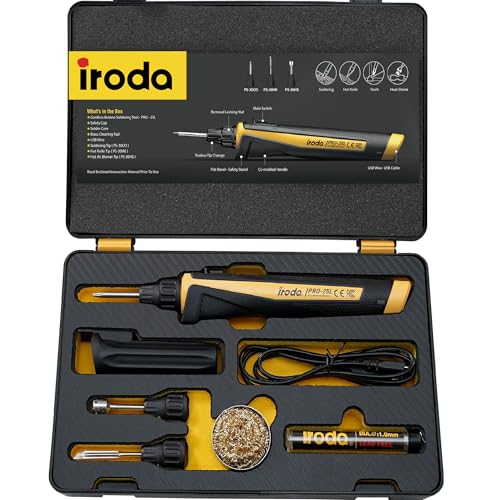Iroda SolderPro 25LK Battery Soldering Iron Kit, Pro Grade 30W Type C USB Rechargeable Soldering Iron | 3200mAh Japanese Battery | LED Spotlight, With 3 Tips & Case