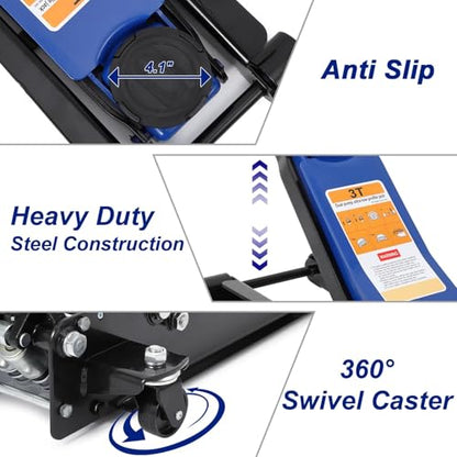 GarveeTech 3 T Low Profile Floor Jack, Professional Low Profile Hydraulic Jack, Heavy Duty Steel Racing Floor Jack with Dual Piston Quick Lift Pump,Lift Range 3 in-19.5 in,Hydraulic Car Jack, Blue