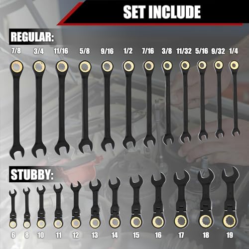 Mayouko 24PCS Stubby Flex Head&Regular Ratcheting Combination Wrench Set, Standard in SAE 1/4"-7/8" & Stubby in Metric 6-22mm, 12 Point, 72 Tooth, Cr-V Steel with Black Chrome Finish