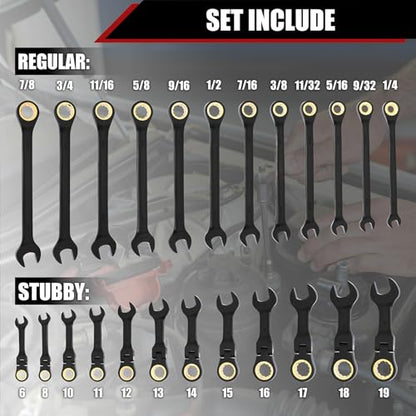 Mayouko 24PCS Stubby Flex Head&Regular Ratcheting Combination Wrench Set, Standard in SAE 1/4"-7/8" & Stubby in Metric 6-22mm, 12 Point, 72 Tooth, Cr-V Steel with Black Chrome Finish