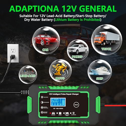12V 6-Amp Battery Charger, Smart Trickle Charger Maintainer Green | Battery Desulfator, Winter & Summer Mode, Lead-acid Battery Chargers, for Car Truck Motorcycle Lawn Mower Boat - color: GREEN
