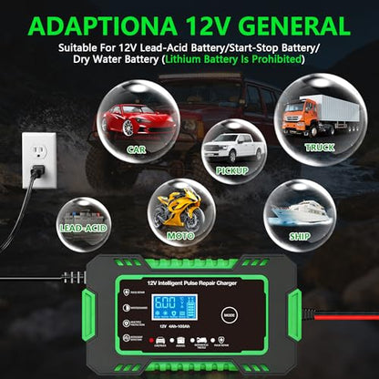12V 6-Amp Battery Charger, Smart Trickle Charger Maintainer Green | Battery Desulfator, Winter & Summer Mode, Lead-acid Battery Chargers, for Car Truck Motorcycle Lawn Mower Boat - color: GREEN