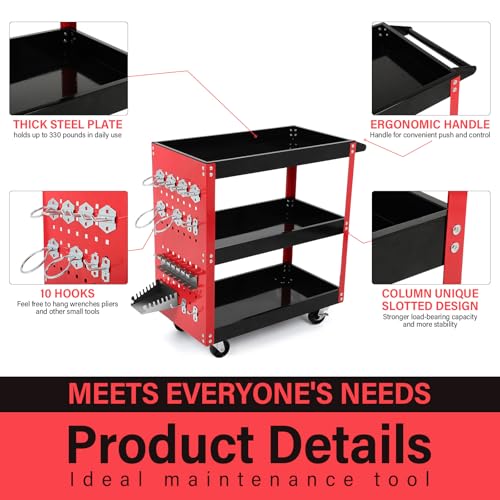3 Tier Rolling Tool Cart, Mechanic Tool Cart on Wheels, for Garage, Warehouse, Workshop, Tool Room, Red & Black