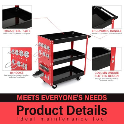 3 Tier Rolling Tool Cart, Mechanic Tool Cart on Wheels, for Garage, Warehouse, Workshop, Tool Room, Red & Black
