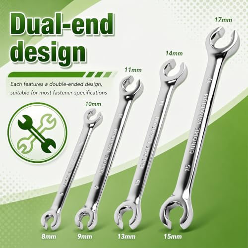 4PCS Brake Line Wrench Set (9x11mm 8x10mm 13x14mm 15x17mm),Offset Flare Nut Wrench Set for Plumbing Tight Confine Spaces,Professional Metric Flare Wrenches Sets as Car Repair Tool