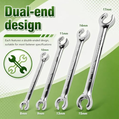 4PCS Brake Line Wrench Set (9x11mm 8x10mm 13x14mm 15x17mm),Offset Flare Nut Wrench Set for Plumbing Tight Confine Spaces,Professional Metric Flare Wrenches Sets as Car Repair Tool