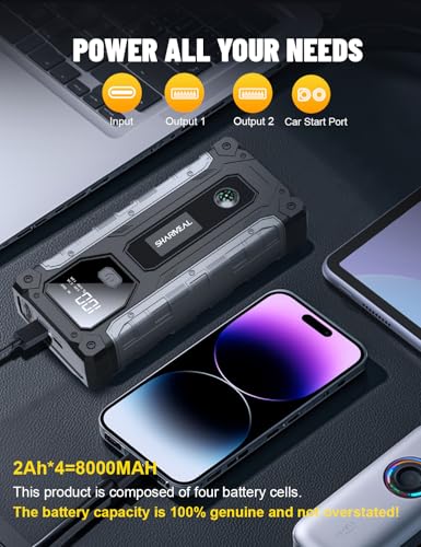 Sharmeal Car Jump Starter 6500A, Jump Starter Battery Pack for All Gas and 10.0L Diesel, 12V Portable Jump Box with LED Light - color: 6500A+Charging Cable+Charger Block