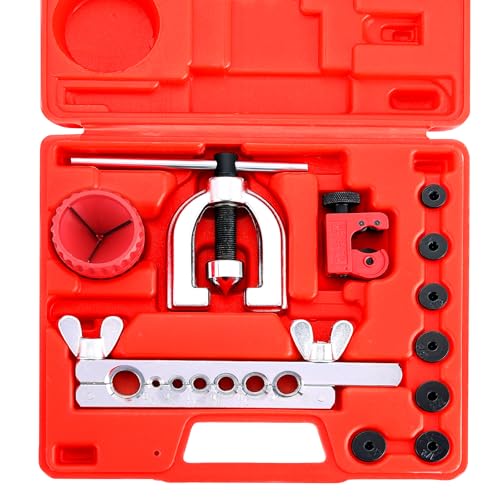 DASBET 11PCS Flaring Tool Kit 45° Single & Double Brake Line Flaring Tool | with 7 Adapters, Flare Tubing Flare Tool with Tube Cutter for Brake Line HVAC System