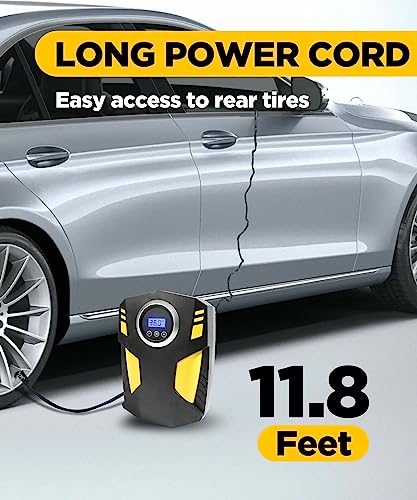 YAKEFLY Tire Inflator Portable Air Compressor,12V DC Car Tire Pump with Digital Pressure Gauge,150 PSI Auto Shut Off with Emergency LED Flasher,Air Compressor Tire Inflator
