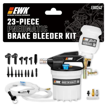 EWK 23 Pcs Pneumatic Brake Bleeder Kit, 2L Vacuum Pump & 1L Refilling Bottle | One-Person Brake Fluid Flush System for Cars, Motorcycles, Trucks & ABS Systems