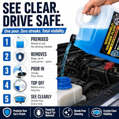 UCS Windshield Washer Fluid 2-in-1 Bug Remover – Ready to Use Formula – Streak-Free Cleaning – Removes Dirt & Road Grime – 1 Gallon (128 fl oz) Methanol-Free - color: Blue, size: 128 Fl Oz (Pack of 1)