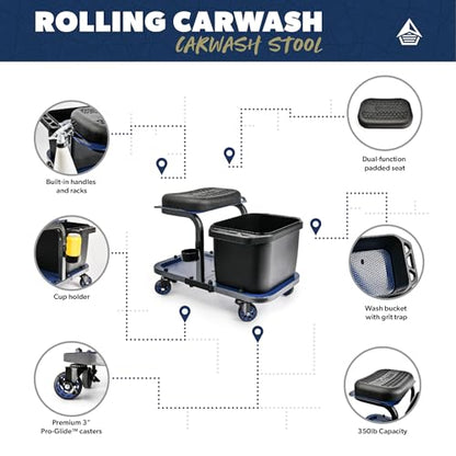 URBANTRANSIT Rolling Car Wash Stool with Bucket - Save Your Back, an Ideal Caddy Cart for Car Detailing, Cleaning, Painting and Gardening - 350 Lb Capacity with Easy-Glide Wheels and Removable Seat